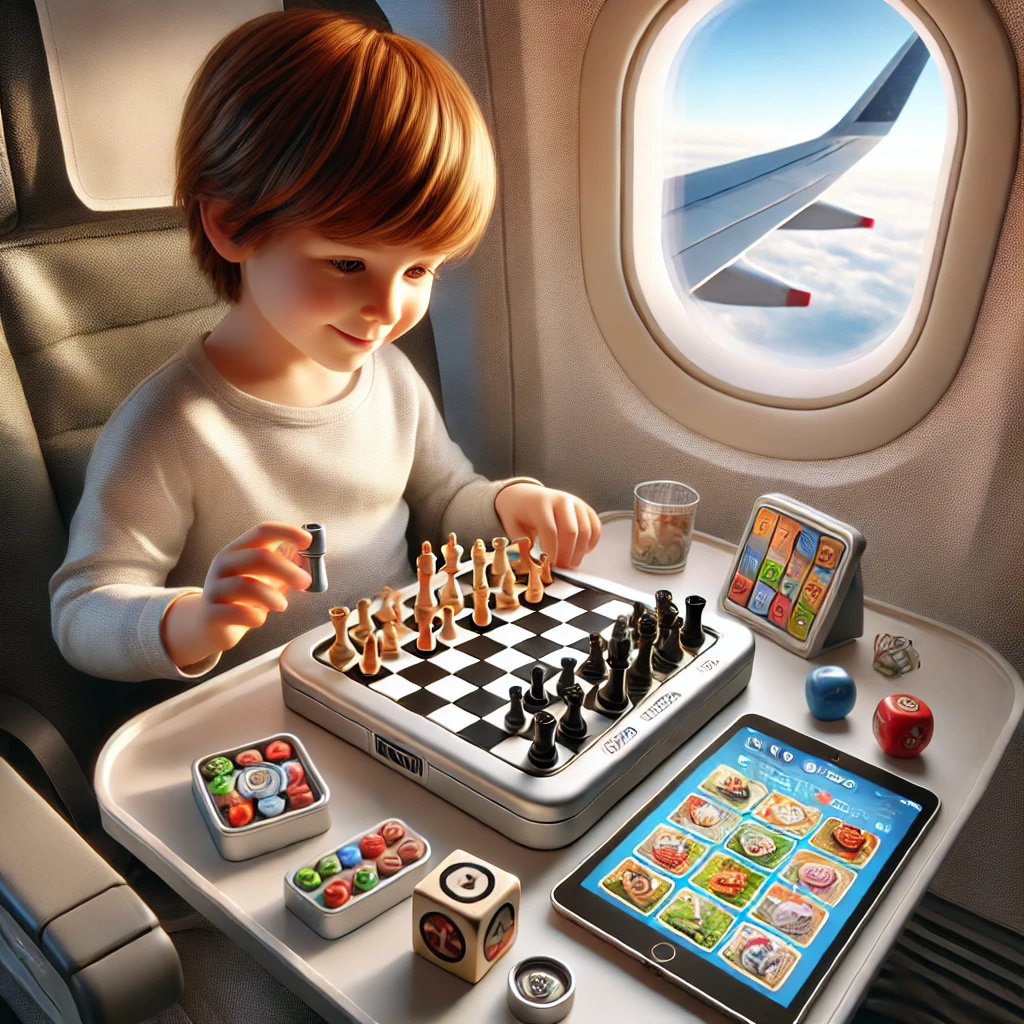 a child playing chess in an airplane